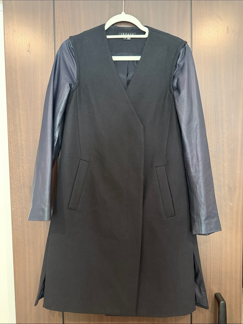 Theory Navy Wool Coat with Removable Navy Leather Sleeves